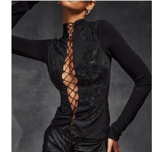 House of CB Black Lace-Up Blouse